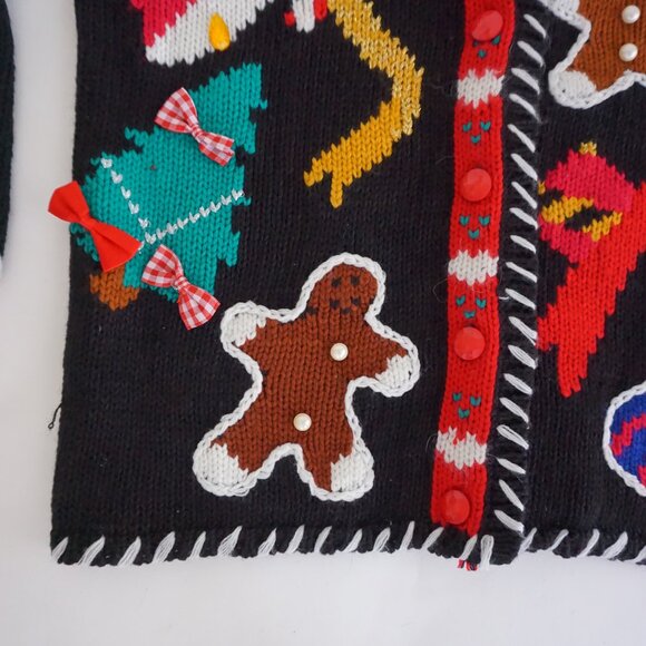 VTG Spice of Life Black Holiday Gingerbread Cardigan Cotton Festive Grandma S/P - Picture 7 of 11